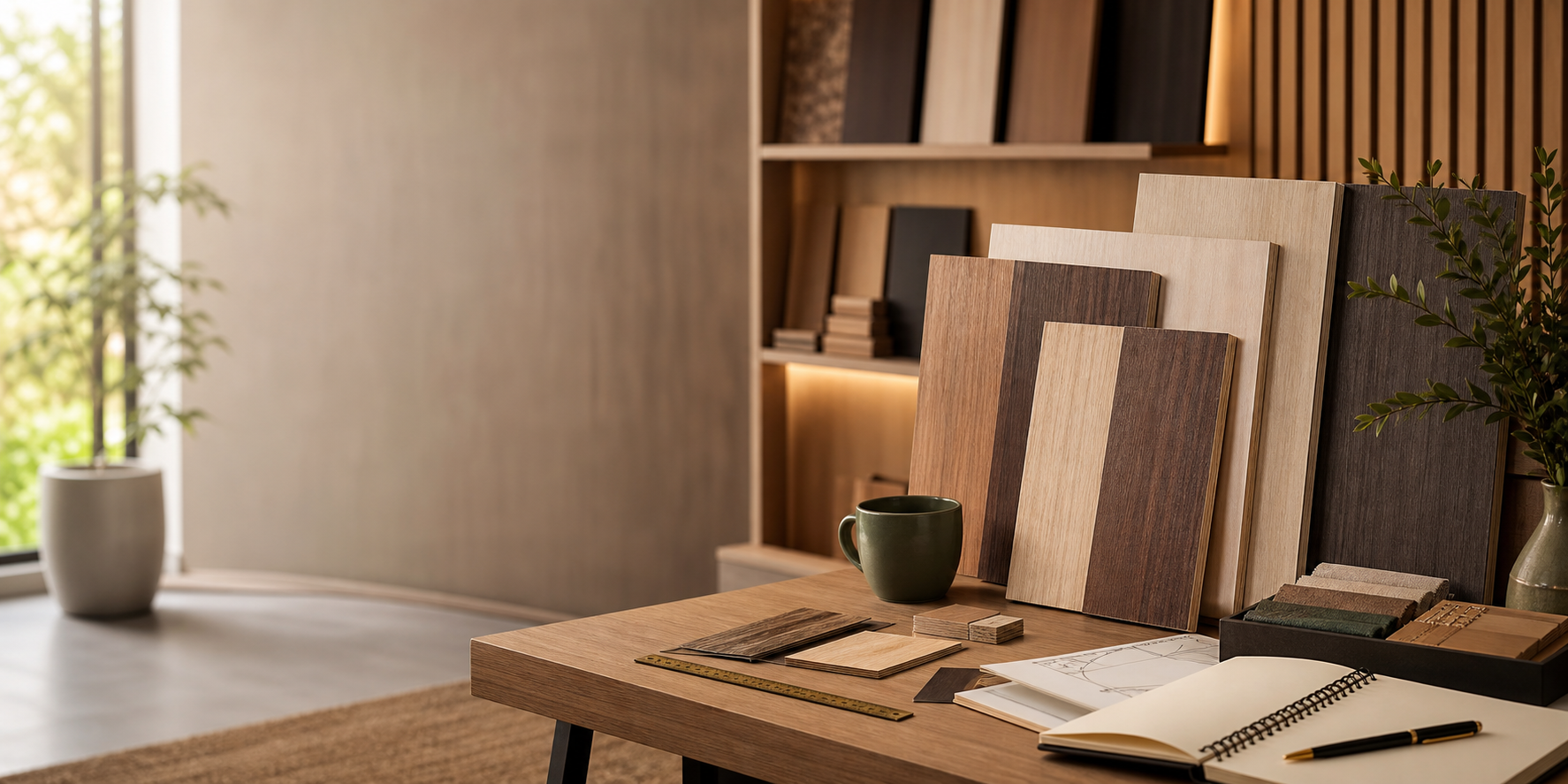 Plywood samples arranged for a specification discussion